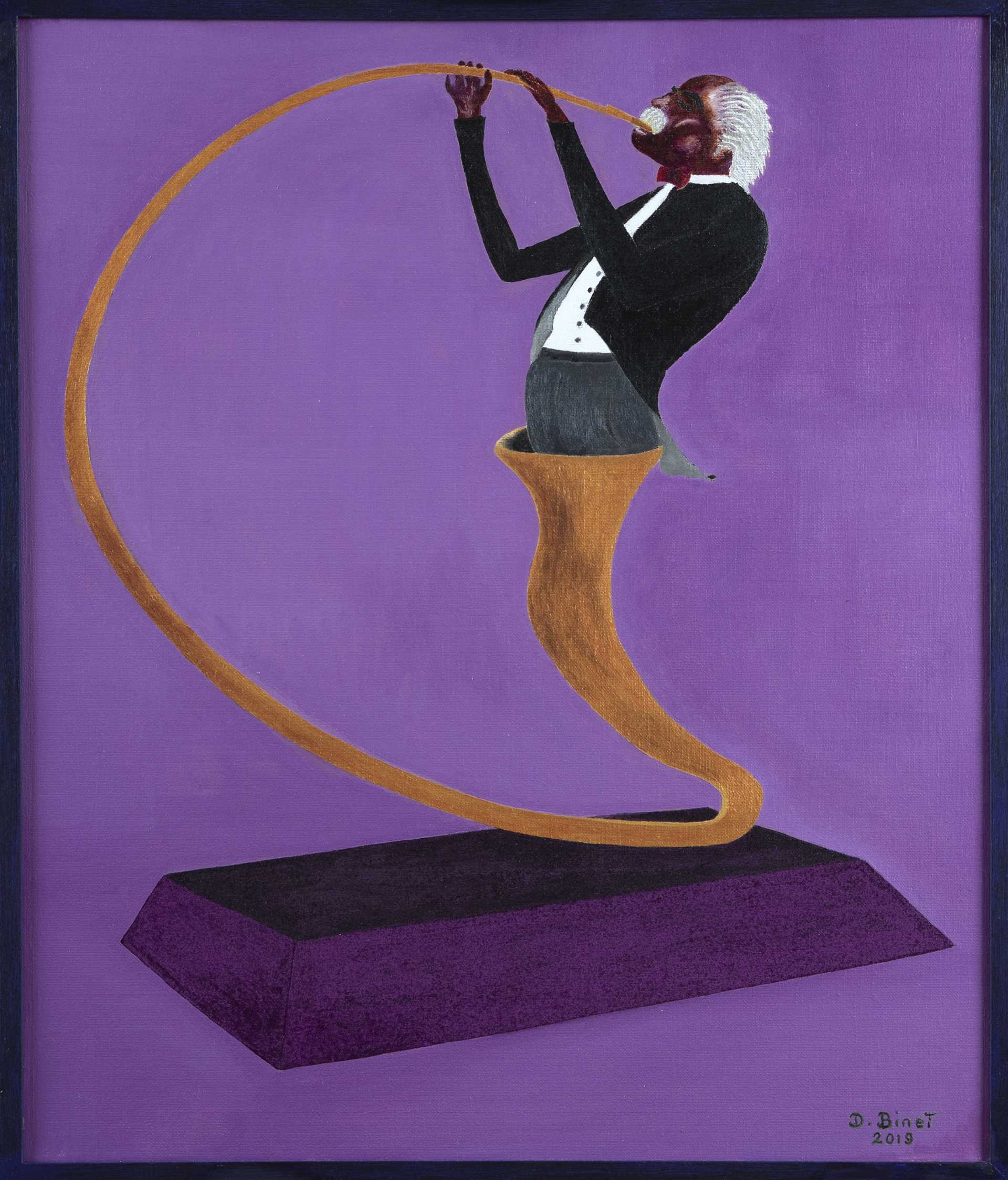 Peinture « Génie du Cor », représentant un musicien avec un Grammy Award, jouant dans un style unique.