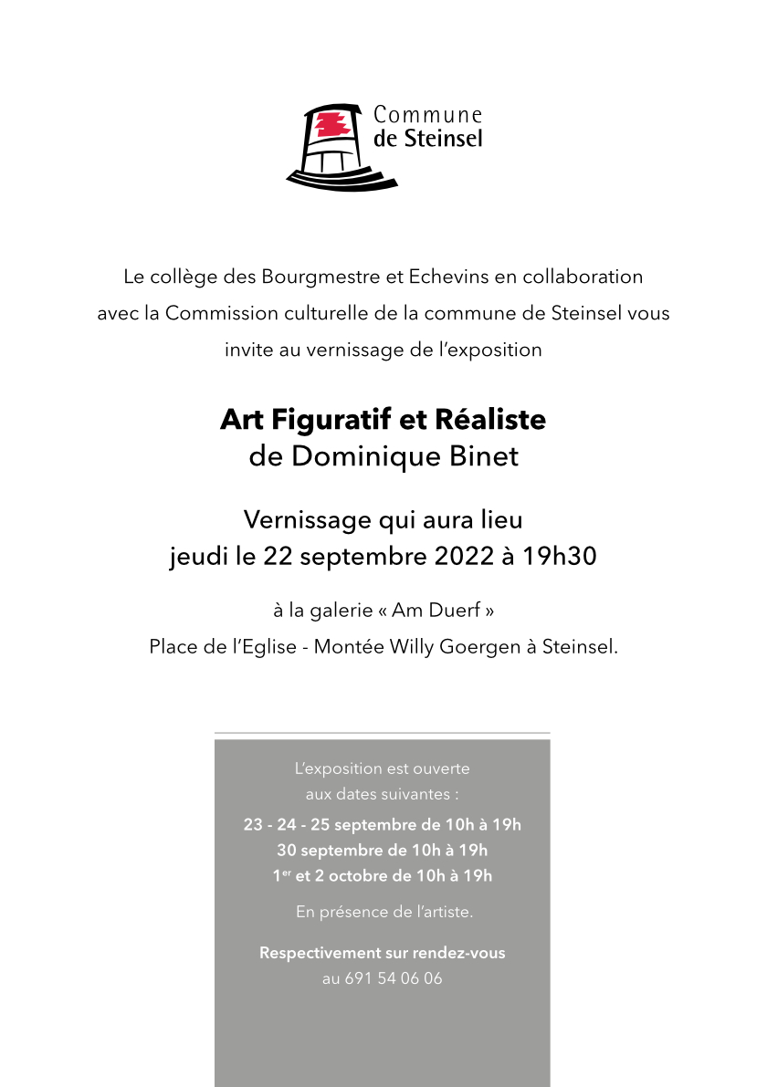 Page d'affiche d'exposition des tableaux de l'artiste Dominique Binet à Steinsel en 2022.