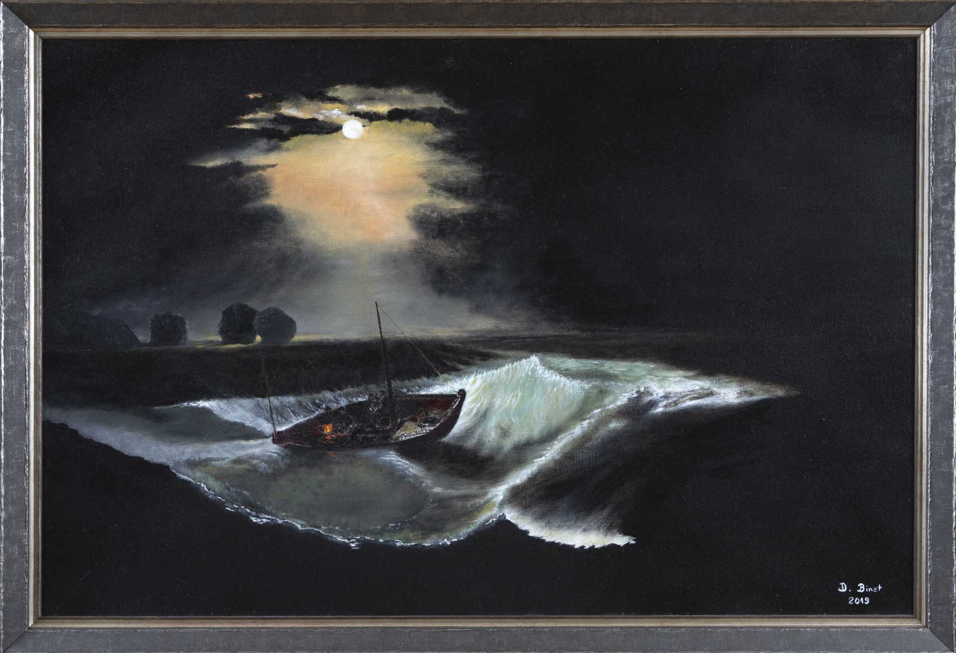 Peinture de W. Turner, repint par D. Binet montrant des pêcheurs de 1800 dans une barque, sur la mer pendant la nuit.