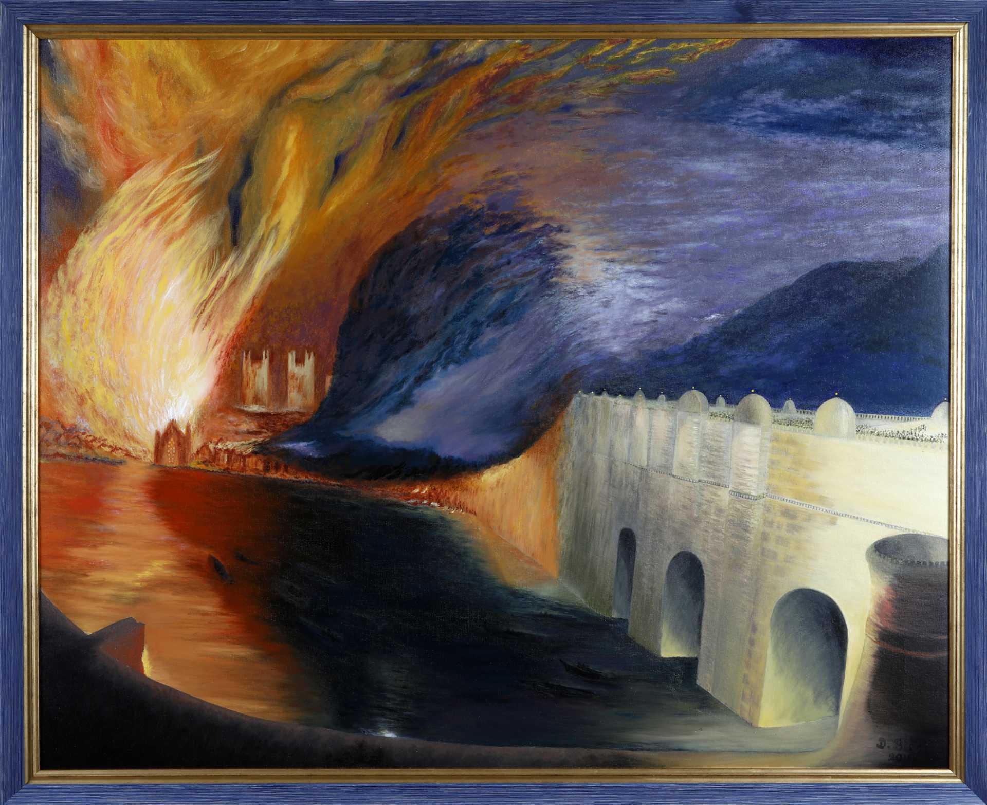 Peinture de l'Incendie des Chambres à Londres en 1834, avec des flammes vives et une rivière sombre.