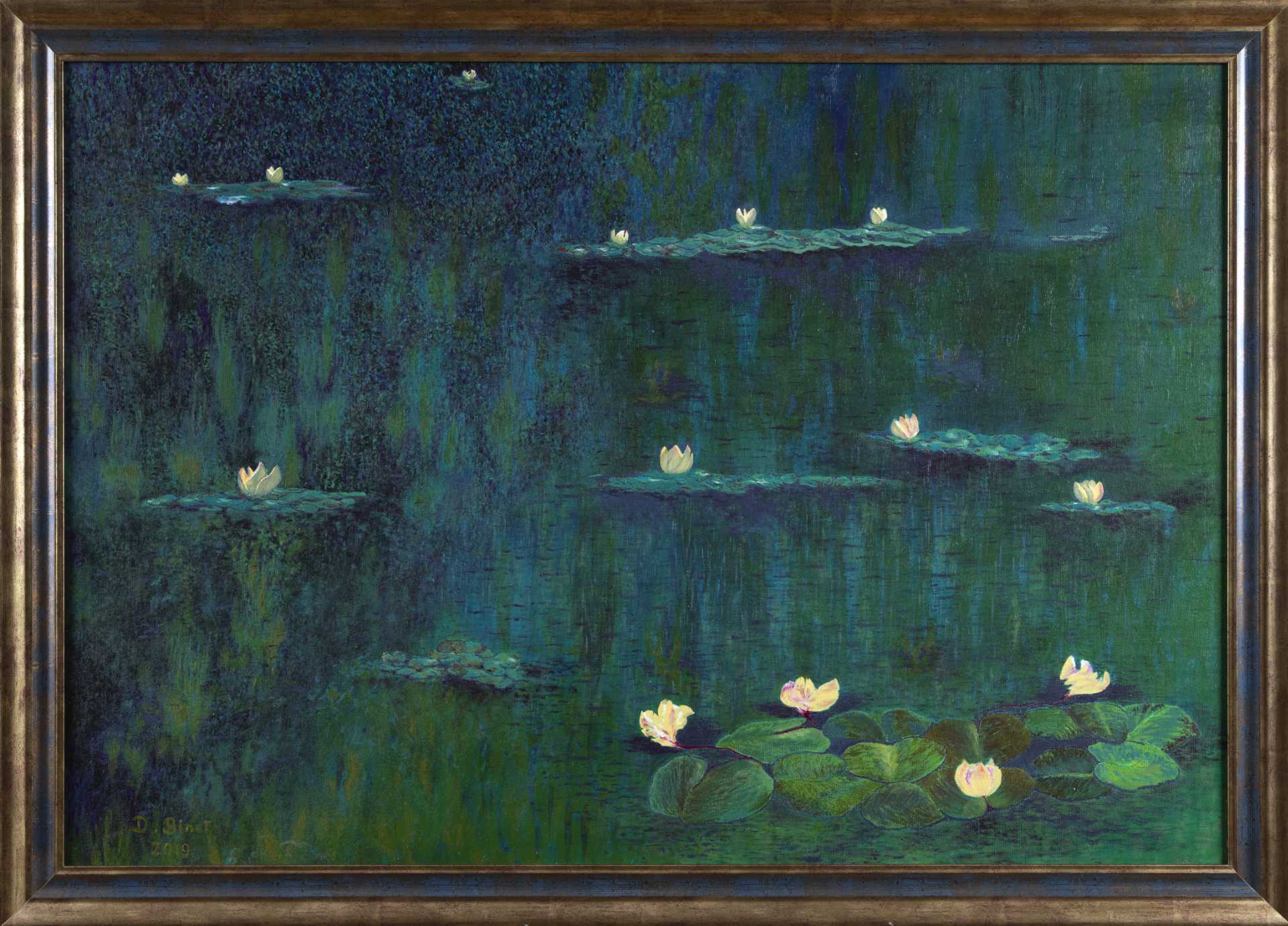 Tableau « Nymphéas revisités » par Dominique Binet, inspiré par Claude Monet, avec des lotus lumineux.