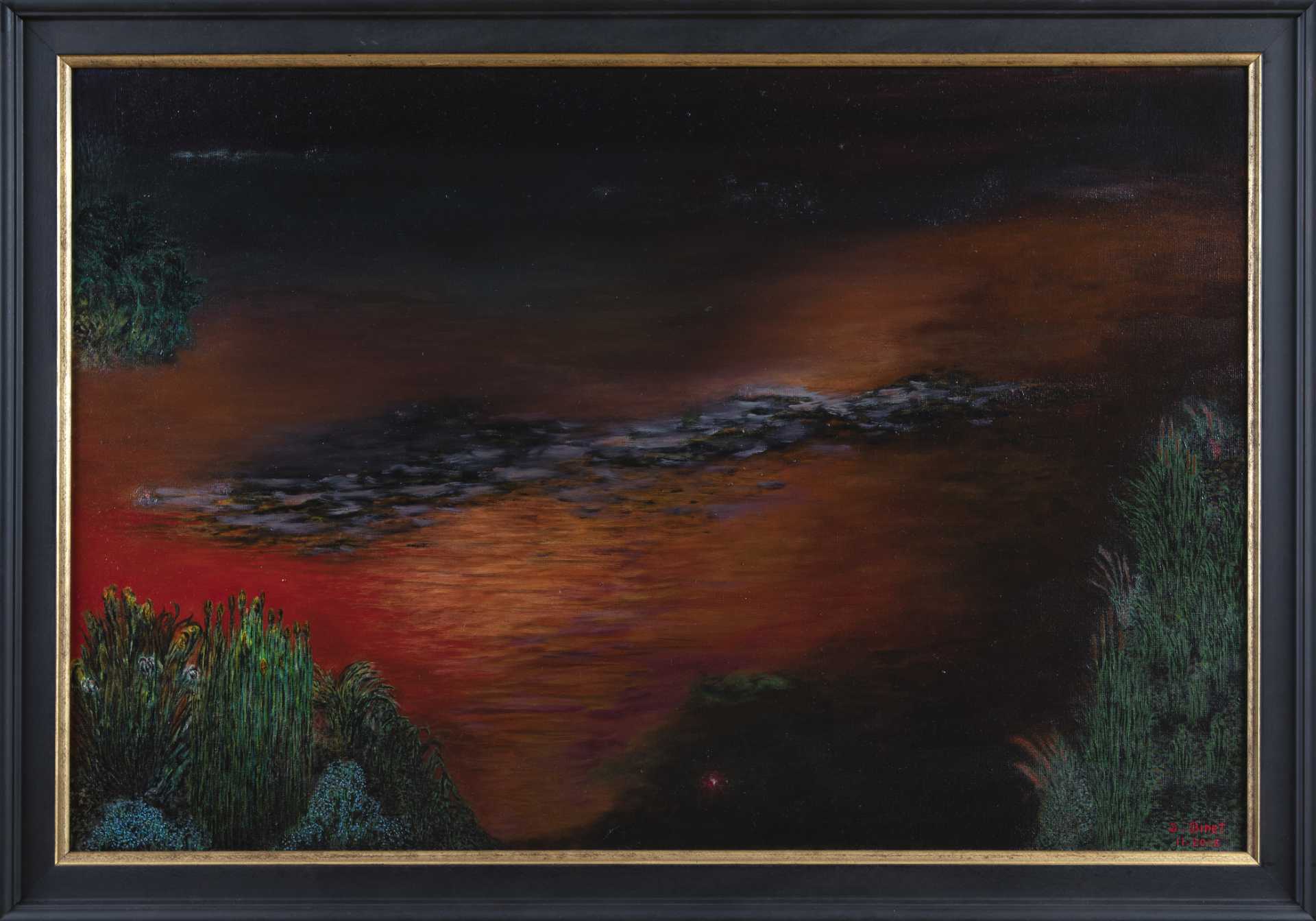 Peinture « crépuscule sur l’étang » représentant un lac nocturne aux couleurs vives et végétation dense.