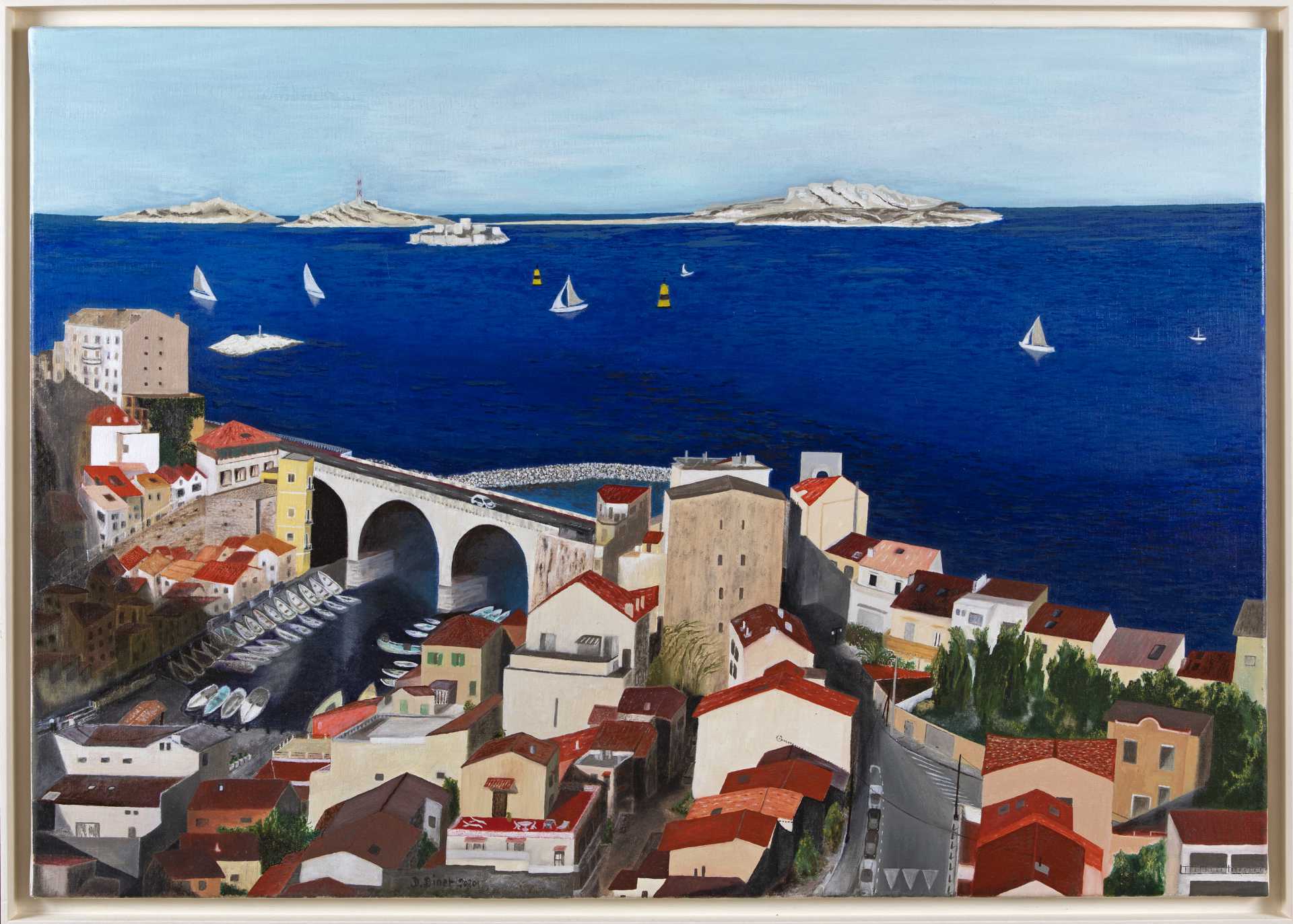 Huile sur toile montrant Le Vallon des Auffes à Marseille et son port pittoresque. Peint par Dominique Binet.