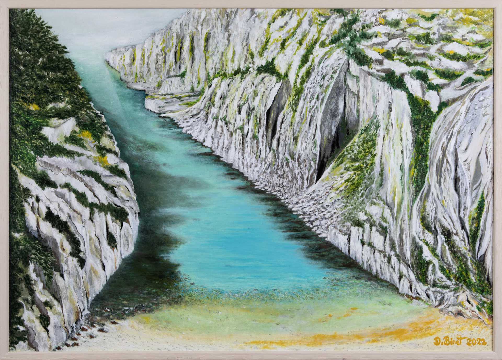 Peinture des calanques en Vau à Marseille, montrant des falaises blanches et une mer turquoise.