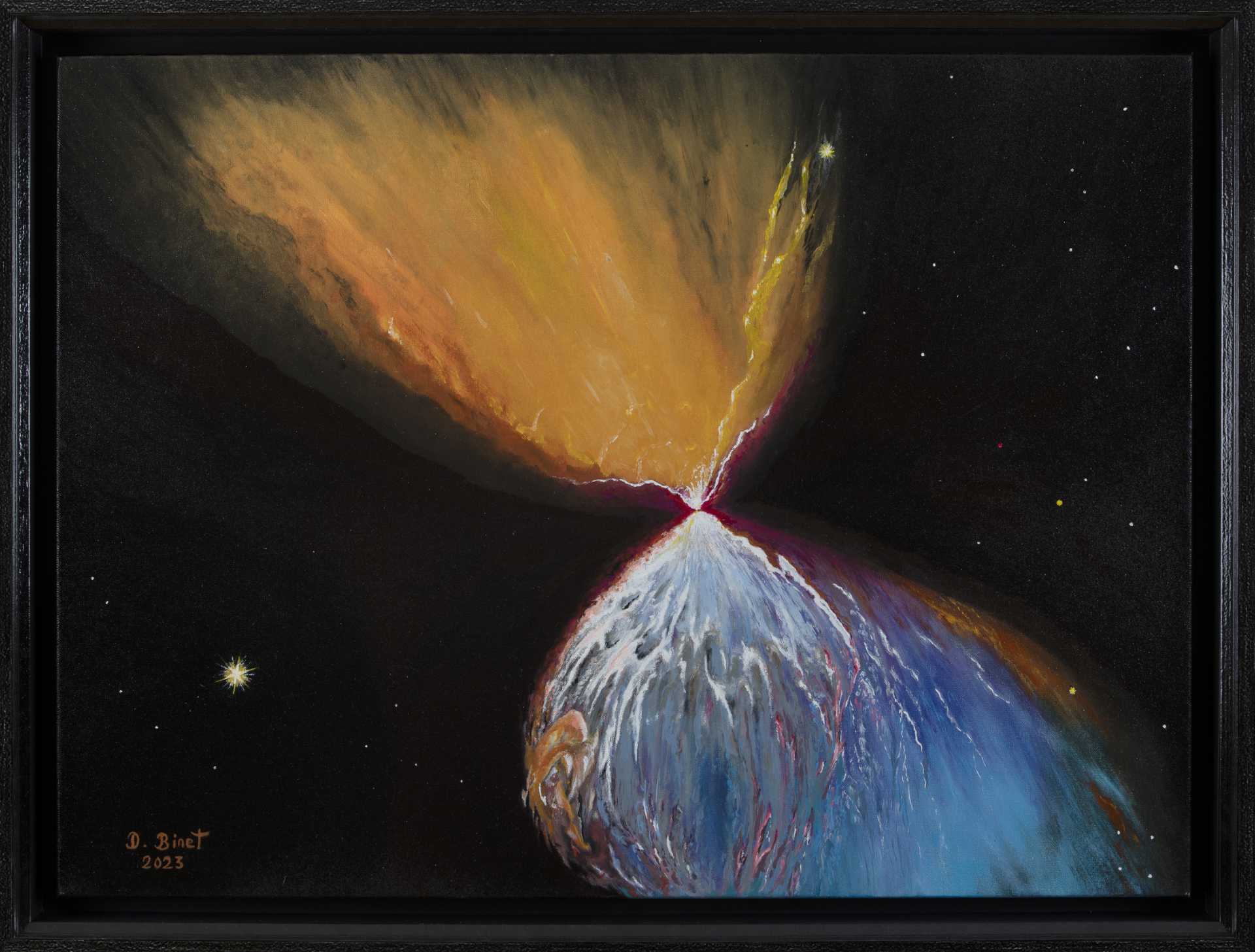 Tableau du « Sablier de poussière cosmique », révélé par le télescope spatial James Webb, dans la constellation du Taureau, avec des couleurs bleues et oranges.
