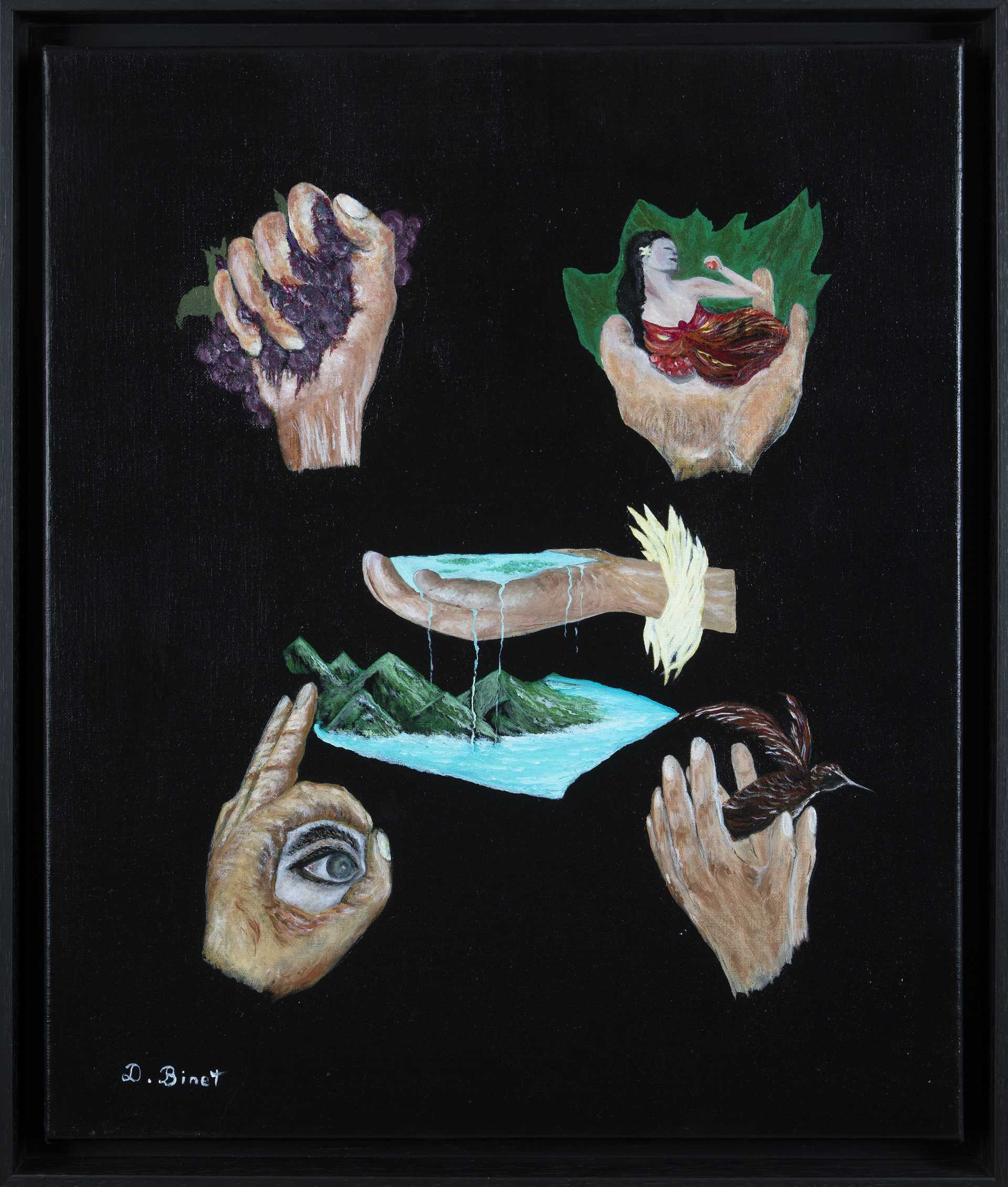 Tableau « Jeux de Mains » de Dominique Binet. Huile sur toile montrant 5 mains tenant : une femme, un atoll paradisiaque, une grappe de raisins, un œil et un oiseau.