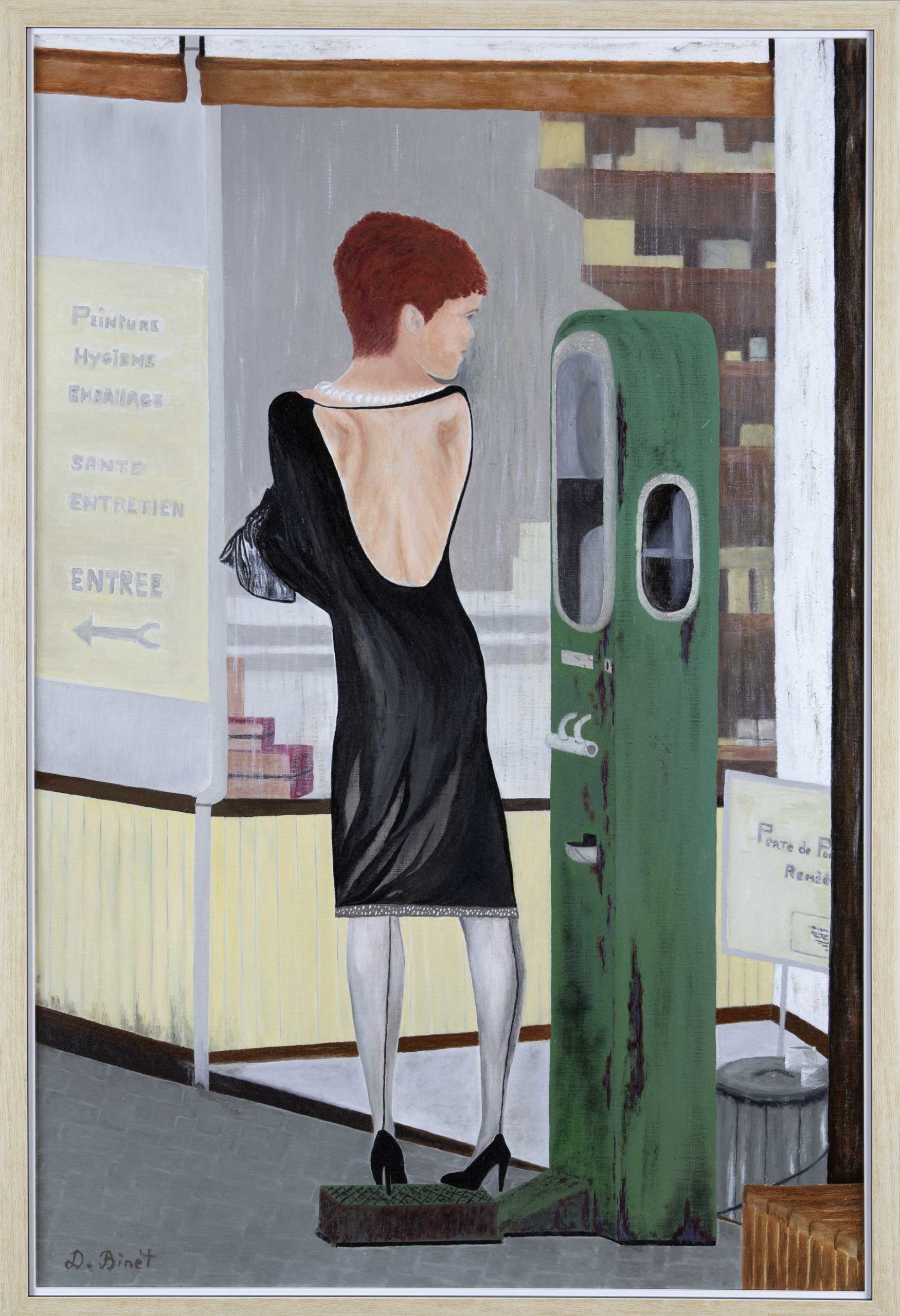 Tableau de Dominique Binet : « Miss 70 à Paris » montrant une femme sur un pèse-personne à Paris pendant les années 70. Huile sur toile.