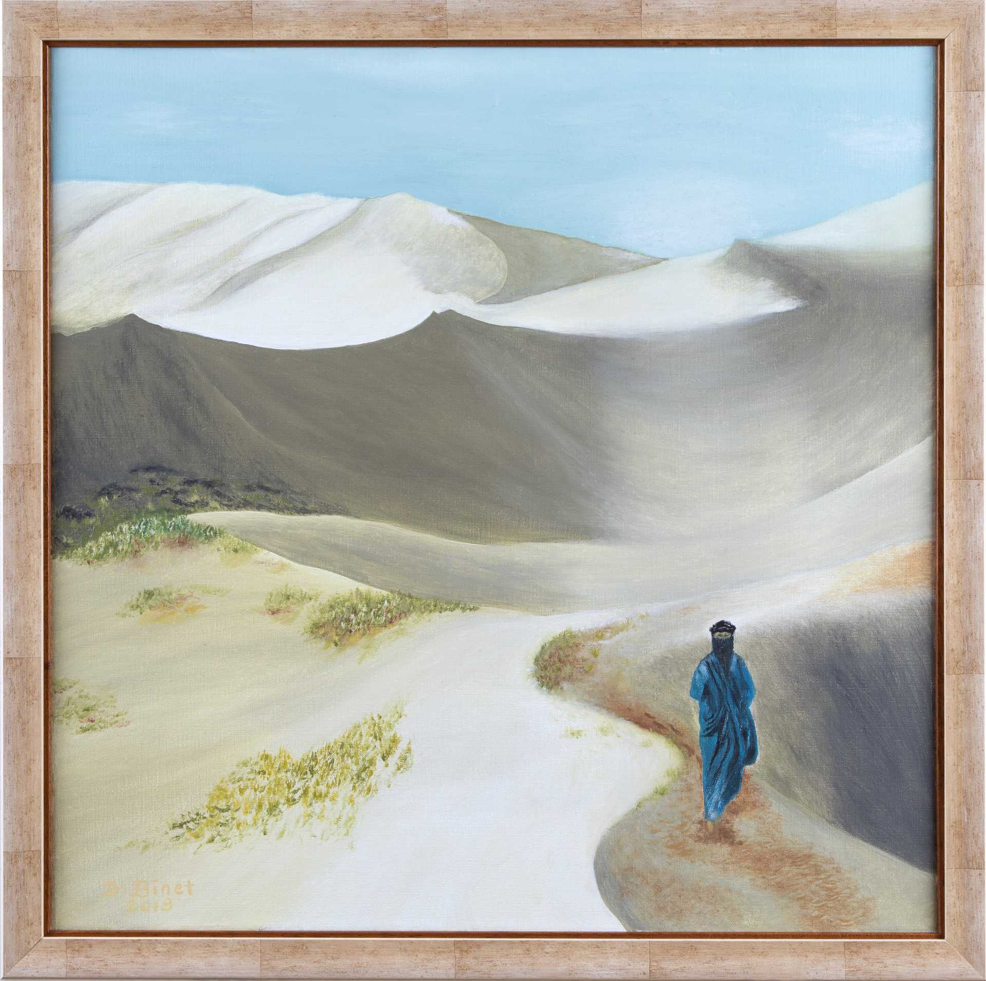 Tableau de l’Homme bleu du Sahara Marocain, un Touareg en chèche, traversant les dunes paisibles.