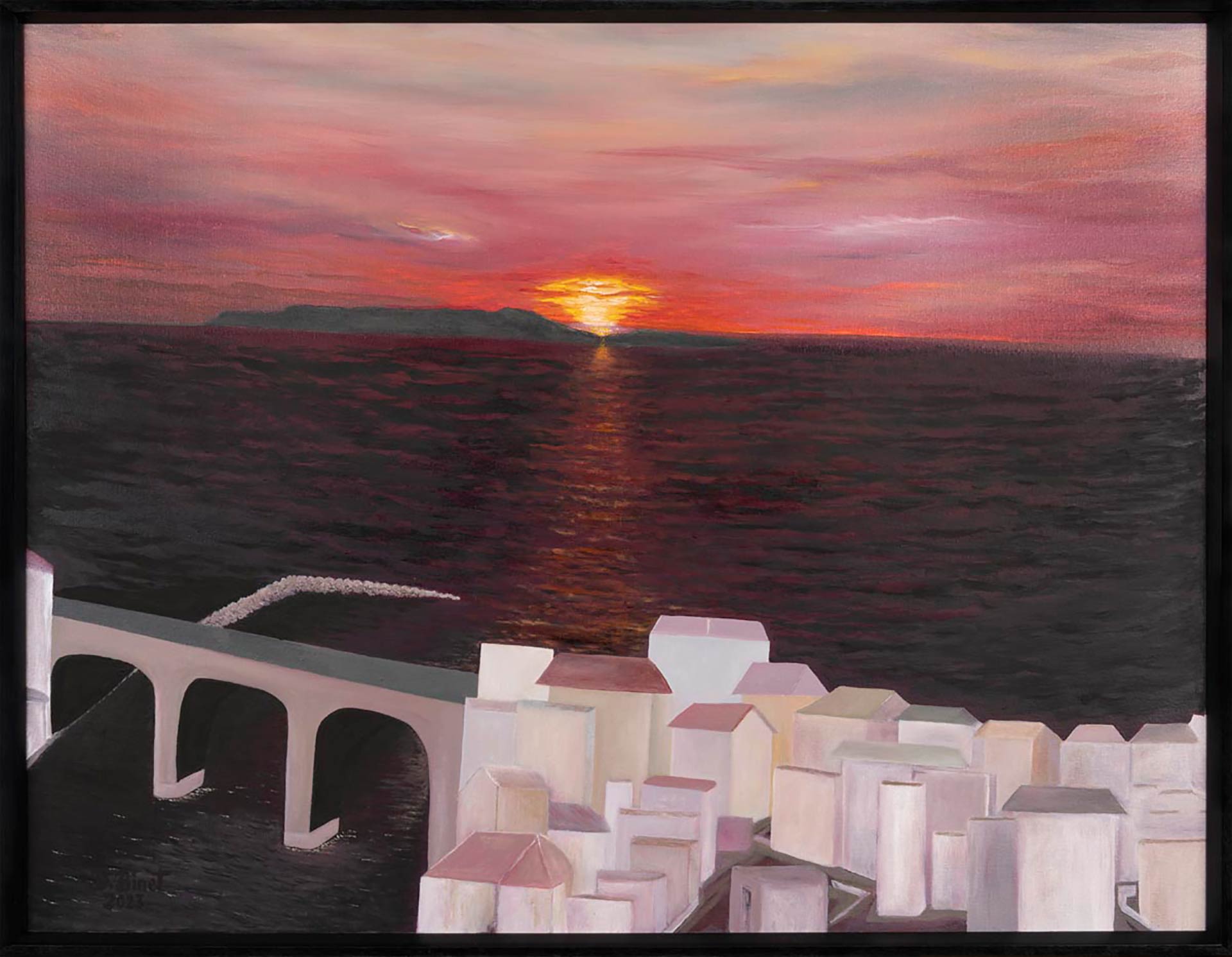 Tableau « L’incandescence du crépuscule » capturant un paysage de Marseille, illuminant la rade de Marseille avec des couleurs vives.