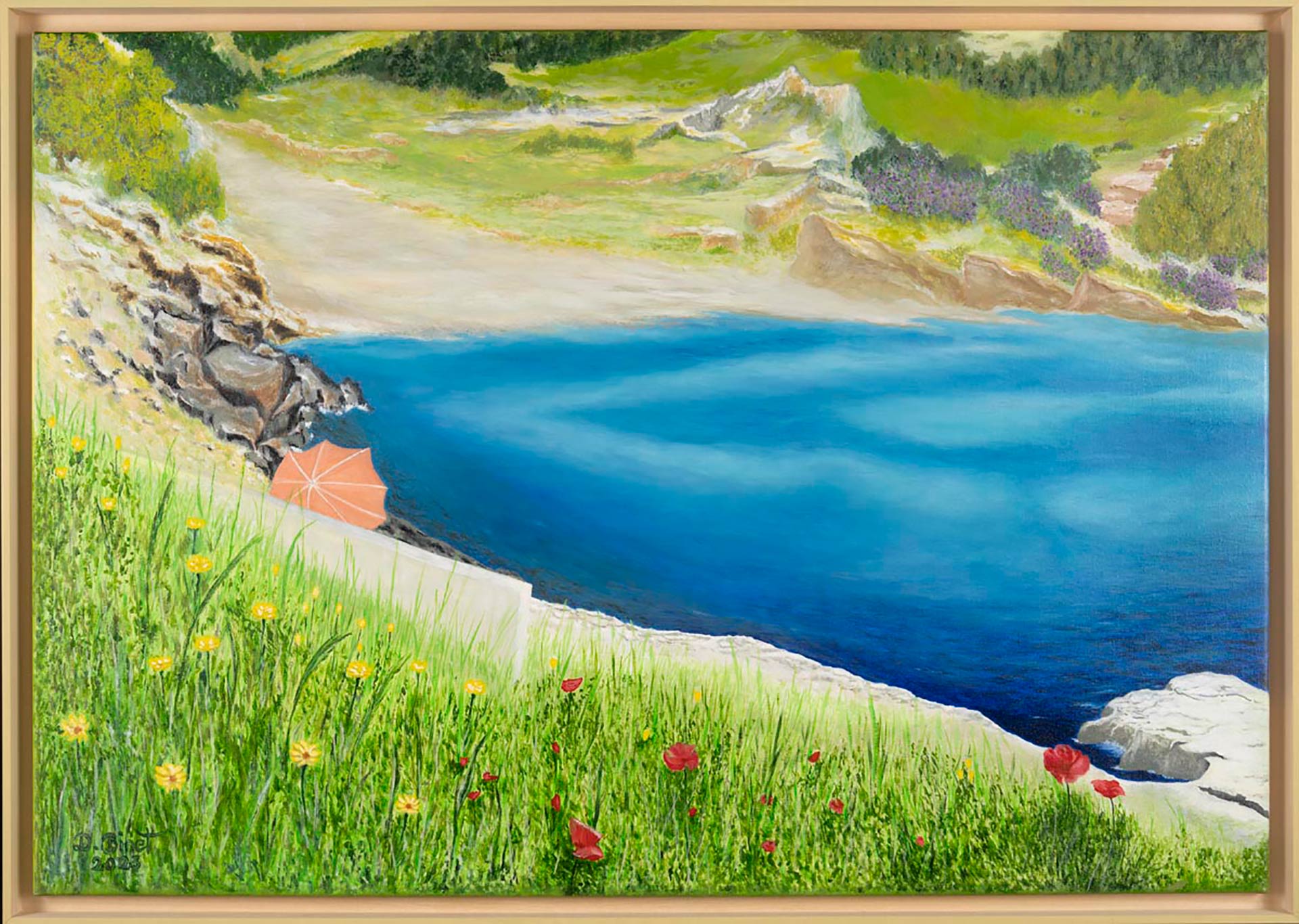 Peinture « Printemps dans le sud » capturant un paysage méditerranéen avec des coquelicots et marigolds.